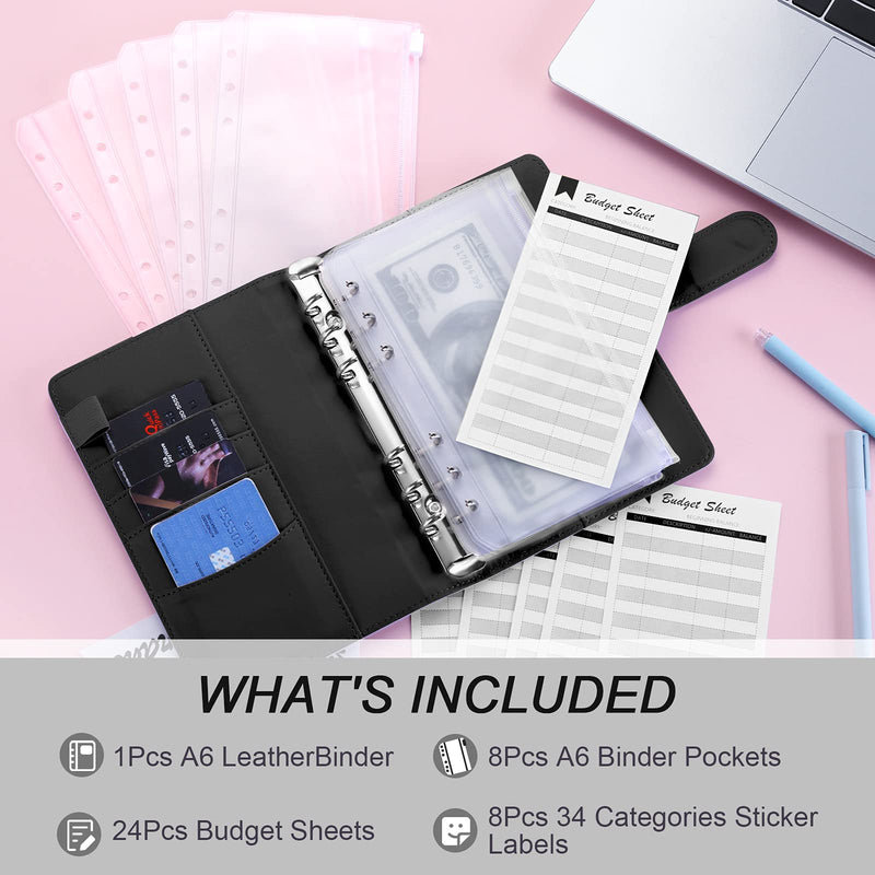 [Australia - AusPower] - Sooez A6 PU Leather Binder Budget Planner Organizer 6 Ring Binder Cover, 8Pcs Binder Pockets, 24Pcs Expense Budget Sheets & 8Pcs 34 Categories Sticker Labels, Money Saving Binder for Budgeting, Black 