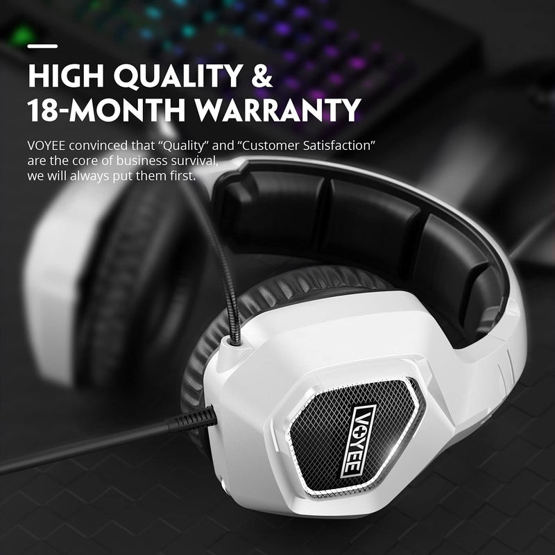 [Australia - AusPower] - Gaming Headset for Xbox One PC PS5 PS4, VOYEE Noise Isolation Stereo Over Ear Game Headphones with Microphone/LED Light/Bass Surround/Soft Memory Earmuffs (White) Black|White 