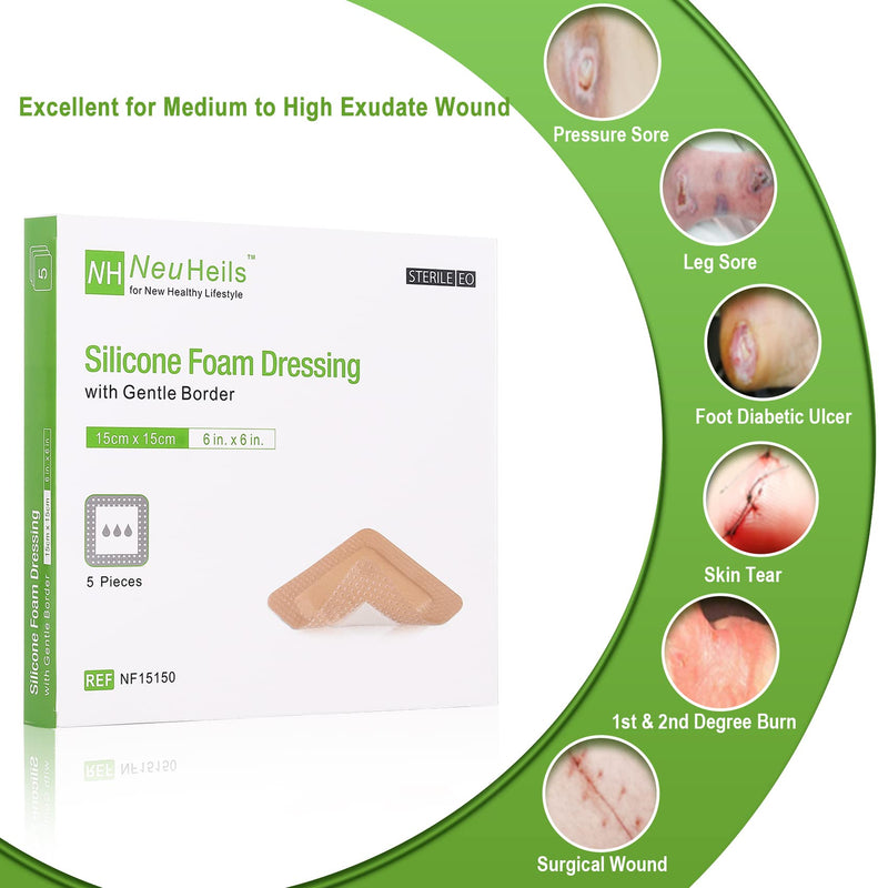 [Australia - AusPower] - Silicone Adhesive Foam Dressing with Gentle Border 6 x 6 inch for Bed Sore Leg Ulcer, 5 Pack, High Absorbency Waterproof Silicone Wound Bandage for Pressure Ulcer by NeuHeils 6''x6'' 
