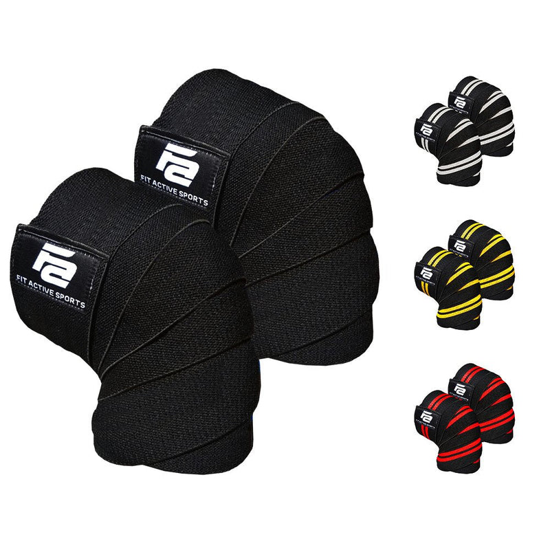 [Australia - AusPower] - Fit Active Sports Knee Wraps for Weightlifting, Powerlifting, Gym Workout, Cross Training, Knee Straps for Heavy Squats - for Men & Women - 72"-Compression & Elastic Support (1 Pair) Black 