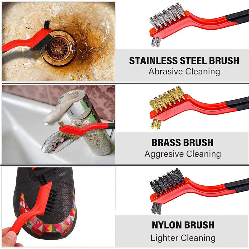 [Australia - AusPower] - QIXIAN Wire Brush Set 3pieces - Curved Handle Steel Brush, Brass, Nylon, Stainless Steel Brush Head, Used for deep Cleaning of Rust, Dirt, Paint scrubbing and Hard-to-Reach Areas ，7 Inches (Red) 