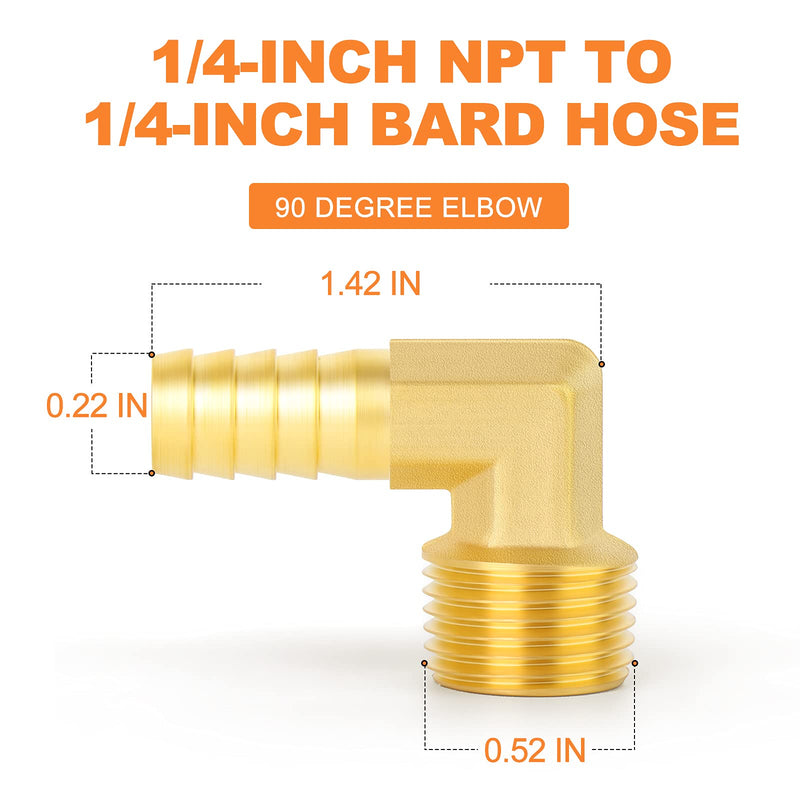 [Australia - AusPower] - GASHER 5 Pieces Brass Hose Barb Reducer 90 Degree Elbow 1/4 Inch NPT to 1/4 Inch Barb Hose ID with 5 Hose Clam, Brass Barb Reducer SPLICER Fitting Fuel/AIR/Water/Oil/Gas/WOG 1/4" NPT x 1/4" Hose Barb 