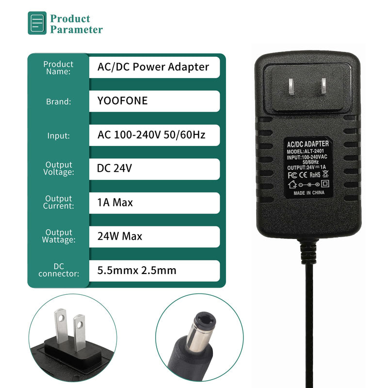 [Australia - AusPower] - YOOFONE DC 24V1A Power Supply Adapter with 5.5mm X 2.1mm/2.5mm US Plug, AC/DC 100-240V 24Volt 1Amp Converter Transformer for LED Strip Light CCTV Camera Essential Oil Diffuser, Black 