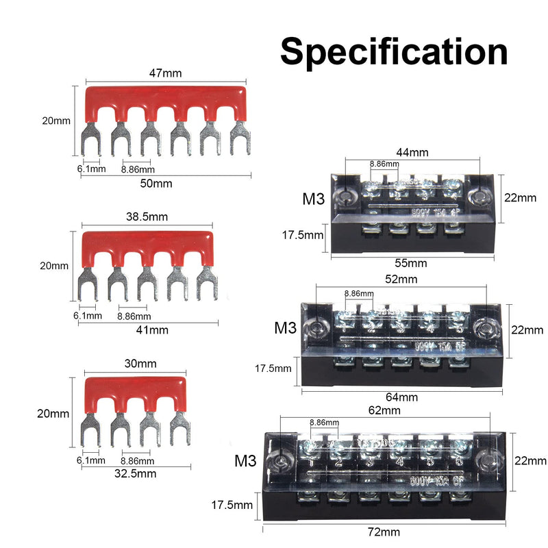 [Australia - AusPower] - 6 Sets Terminal Blocks, 4/5/6 Positions 600V 15A Dual Row Wire Screw Terminal Strip Block with Cover + 400V 15A Pre-Insulated Bus Bar Terminals Barrier Strips Jumpers (Black & Red) by MILAPEAK 15A 4/5/6P+Jumpers 