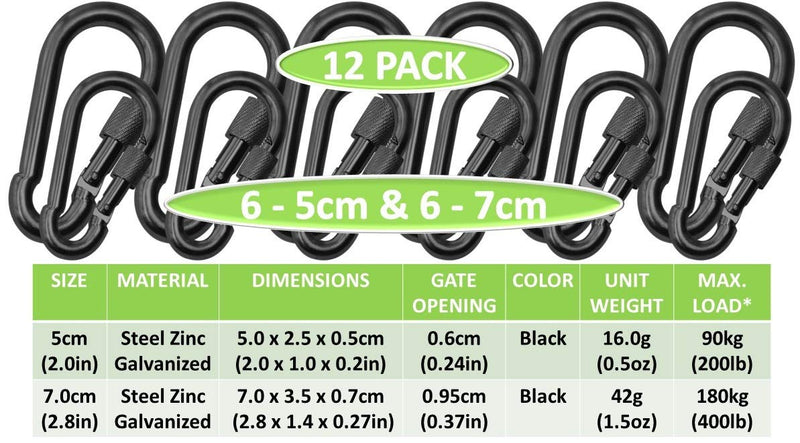 [Australia - AusPower] - Branded Boards Black & Silver Heavy Duty Bushcraft Locking Thumb Screw Closure Zinc-Galvanized Steel Carabiner Spring Snap Clip Link Hooks 200-400lb Load. 6 & 12 Packs 