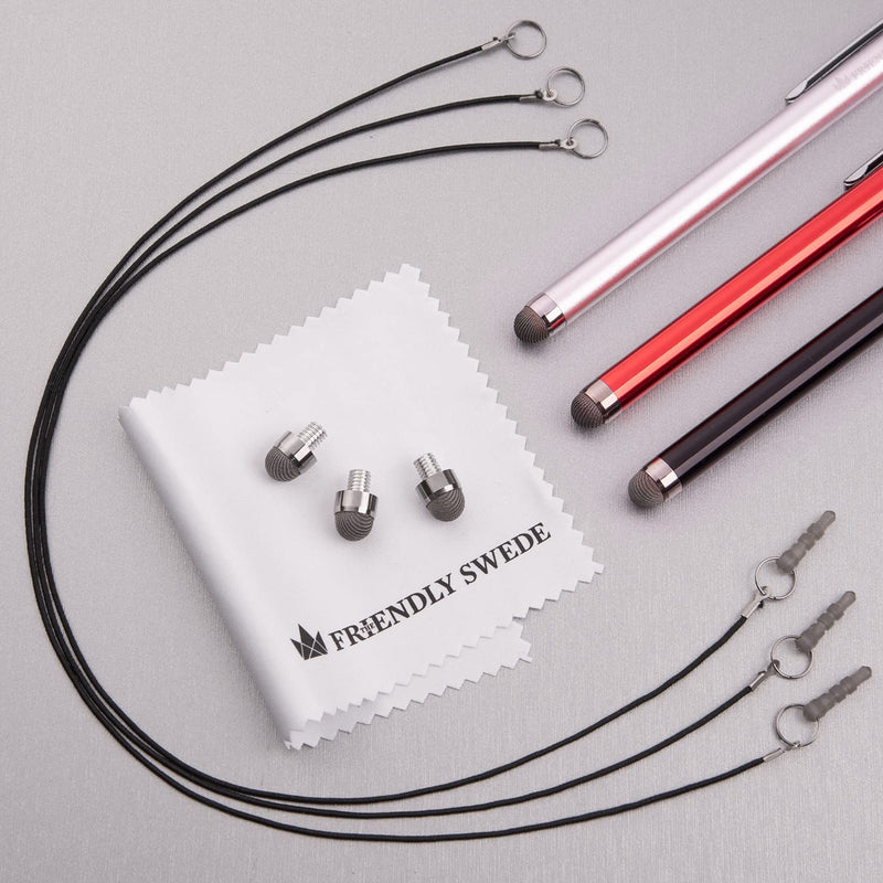 [Australia - AusPower] - The Friendly Swede Stylus Pens for Touch Screens - Micro-Knit Mesh Tip Capacitive Stylus Pen for Tablets and Phone, with Replaceable Fiber Tip Design (3 Pack) Red + Black + Silver 