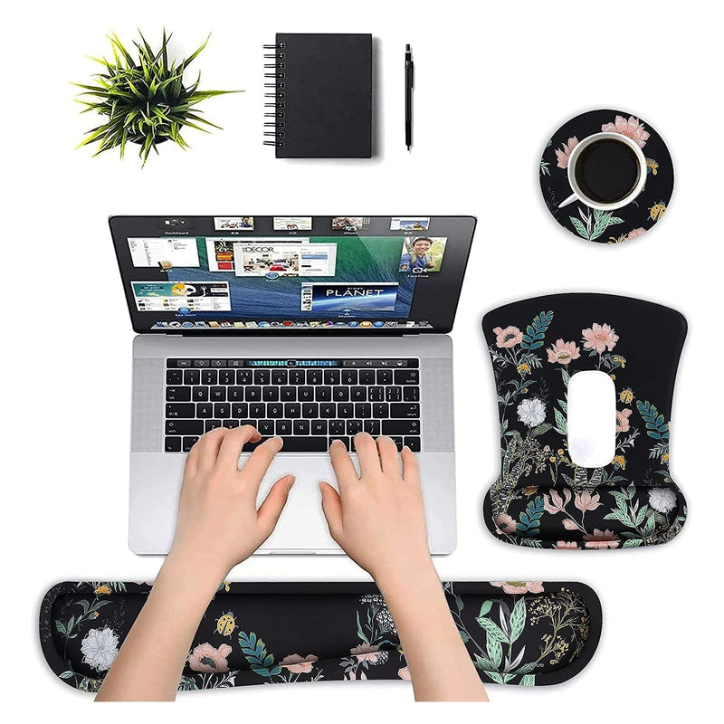 [Australia - AusPower] - MOSISO Wrist Rest Support for Mouse Pad&Keyboard Set, Wild Flowers Ergonomic Mousepad&Coaster Non-Slip Base Home/Office Pain Relief&Easy Typing Cushion with Neoprene Cloth&Raised Memory Foam, Black 