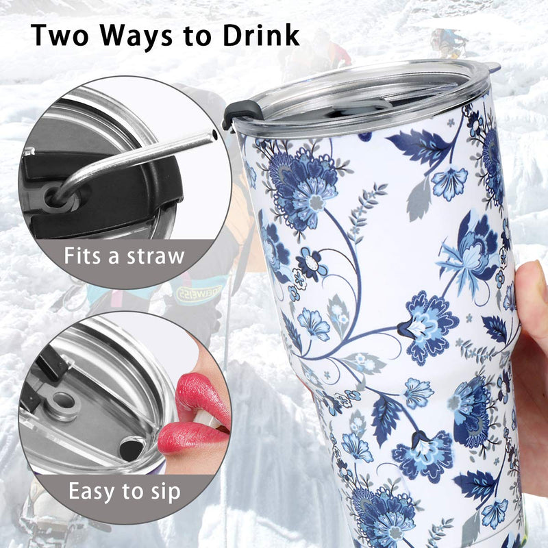 [Australia - AusPower] - SYACOT 30oz Tumbler Double Wall Stainless Steel Vacuum Insulated Travel Mug with Splash-Proof Lid Metal Straw and Brush (Blue and White Porcelain) Blue and White Porcelain 