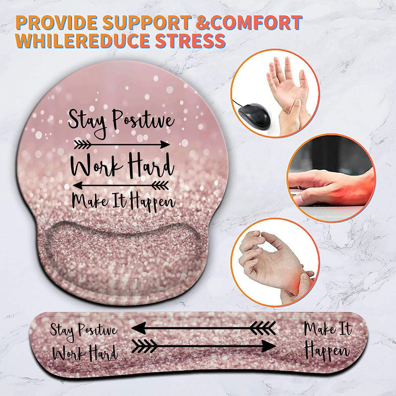 [Australia - AusPower] - Ergonomic Mouse Pad Wrist Support Gel and Keyboard Wrist Rest Set for Laptop , Gaming and Office, Durable, Comfortable and Pain Relief + Coaster,Stay Positive Work Hard and Make It Happen Pink Glitter 