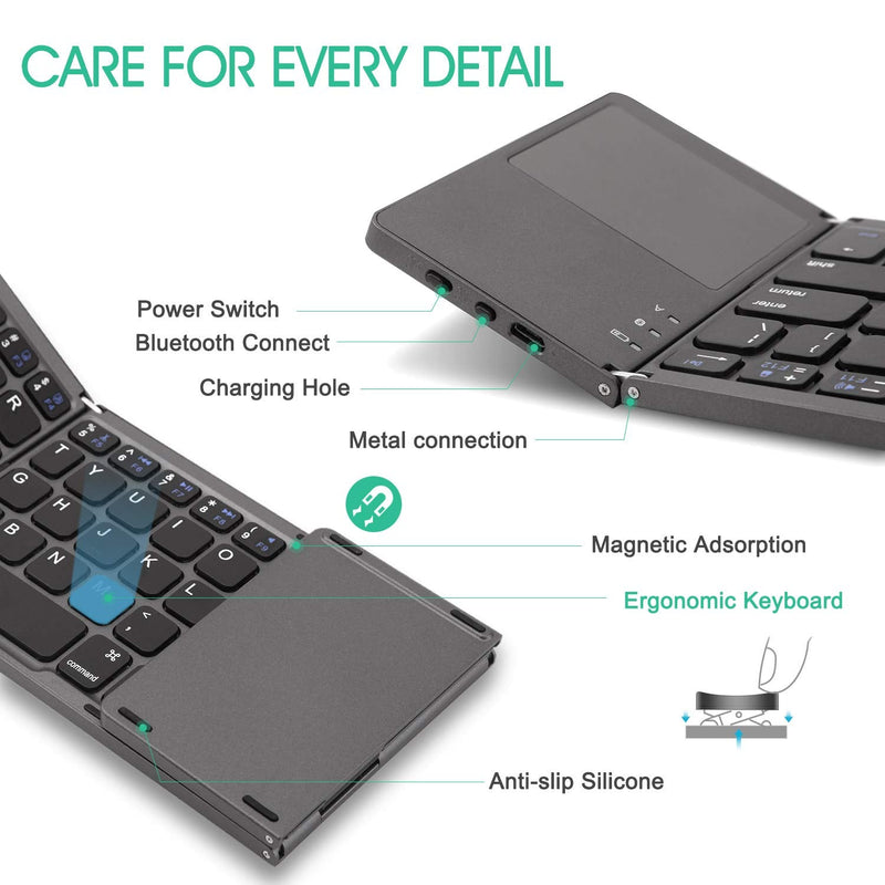 [Australia - AusPower] - Foldable Bluetooth Keyboard with Touchpad - Samsers Portable Wireless Keyboard with Stand Holder, Rechargeable Full Size Ultra Slim Pocket Folding Keyboard for Android Windows IOS Tablet & Laptop-Gray Grey (BTx1) 