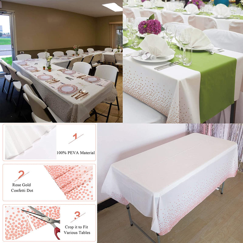 [Australia - AusPower] - FECEDY 6 Packs 54 x 108inch Disposable Plastic Table Cover Waterproof for Rectangle White Background with Rose Gold dot for Indoor & Outdoor Birthdays Anniversary Buffet Table Party Decorations 