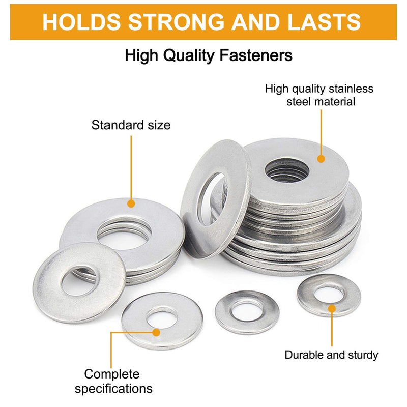 [Australia - AusPower] - VIGRUE 304 Stainless Steel Flat Washers Assortment Washers Hardware Set 300pieces,8Sizes 1/2" 3/8" 5/16" 1/4" 12# 10# 8# 6# 