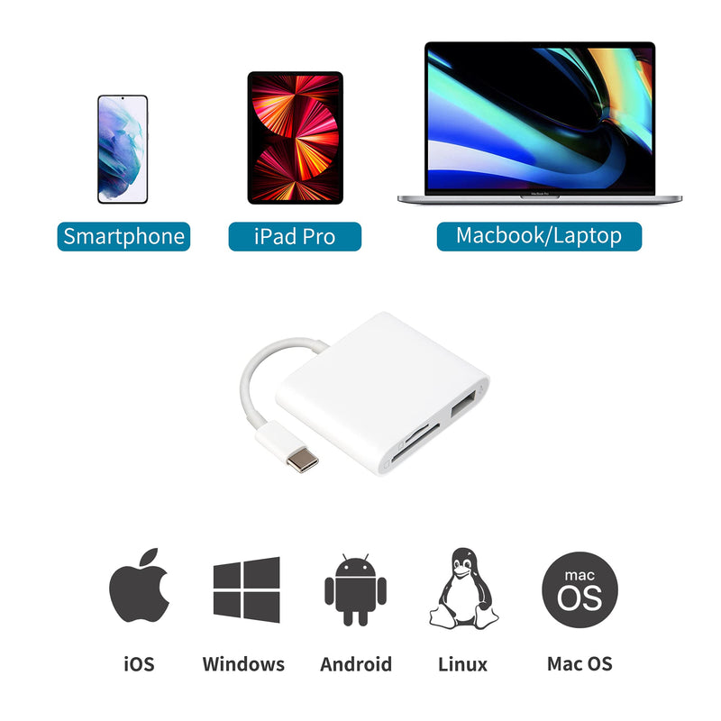 [Australia - AusPower] - USB C to SD Card Reader with USB 3.0 Thunderbolt to Micro SD TF Card Reader 3 in 1 USB-C to USB Camera Memory Card Reader Adapter for iPad Pro MacBook Pro/Air iMac M1 XPS13/15 RRSITIAU (White) 