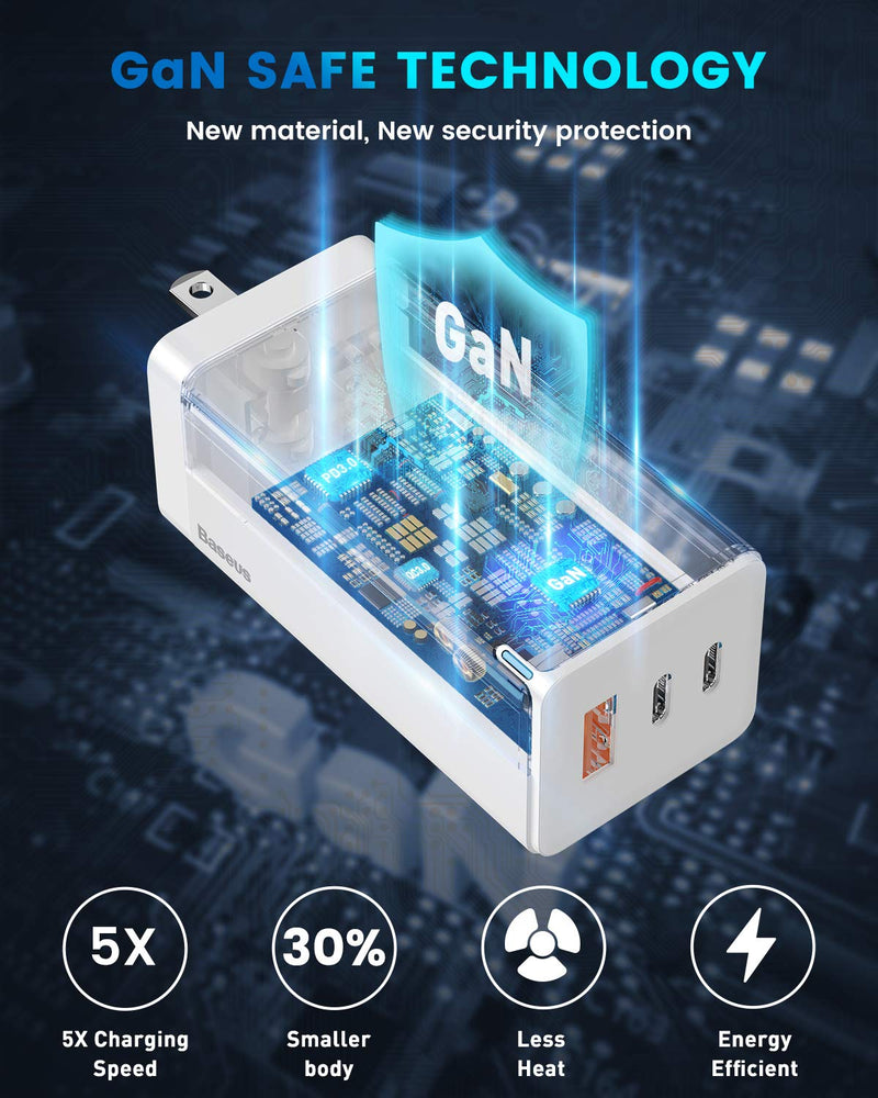 [Australia - AusPower] - USB C Charger, Baseus 65W 3 Port Foldable USB C Wall Charger, Fast PD GaN Charger for iPhone 13/13 Mini/13 Pro/13 Pro Max/SE/11/XR/XS, Samsung S22+/S22, MacBook Pro/Air, iPad, Laptops, Pixel 6, White 