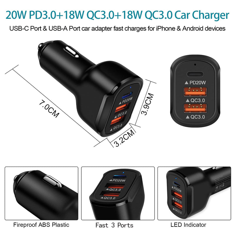 [Australia - AusPower] - Fast Car Charger 3 Multi Ports USB C Car Charging Adapter 56W PD3.0 20W+Dual QC3.0 18W Cigarette Lighter Splitter for iPhone 13/13 Mini/13 Pro Max/ 12 11/XS Max/XR/X/8/SE,AirPods,Samsung S21,Pixel 6 5 