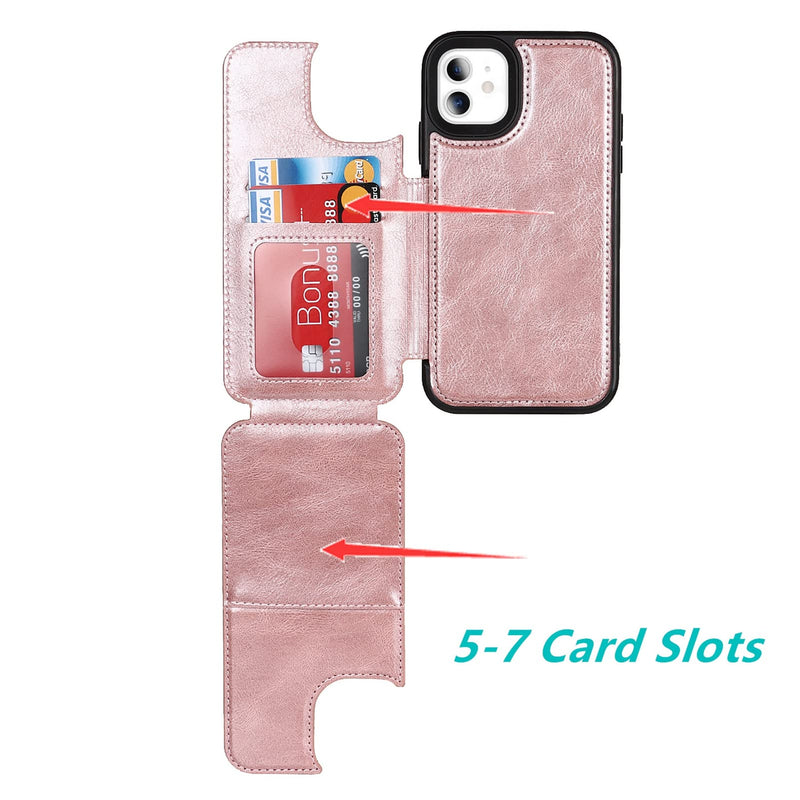 [Australia - AusPower] - Jaorty for iPhone 11 Wallet Case with RFID Blocking Card Holder,7 Card Slots Heavy Duty Protective Bumper Armort PU Leather Magnetic Buttons Kickstand Case for iPhone 11 6.1 Inch,Macaron Rosegold 7 Card Slots-RoseGold 