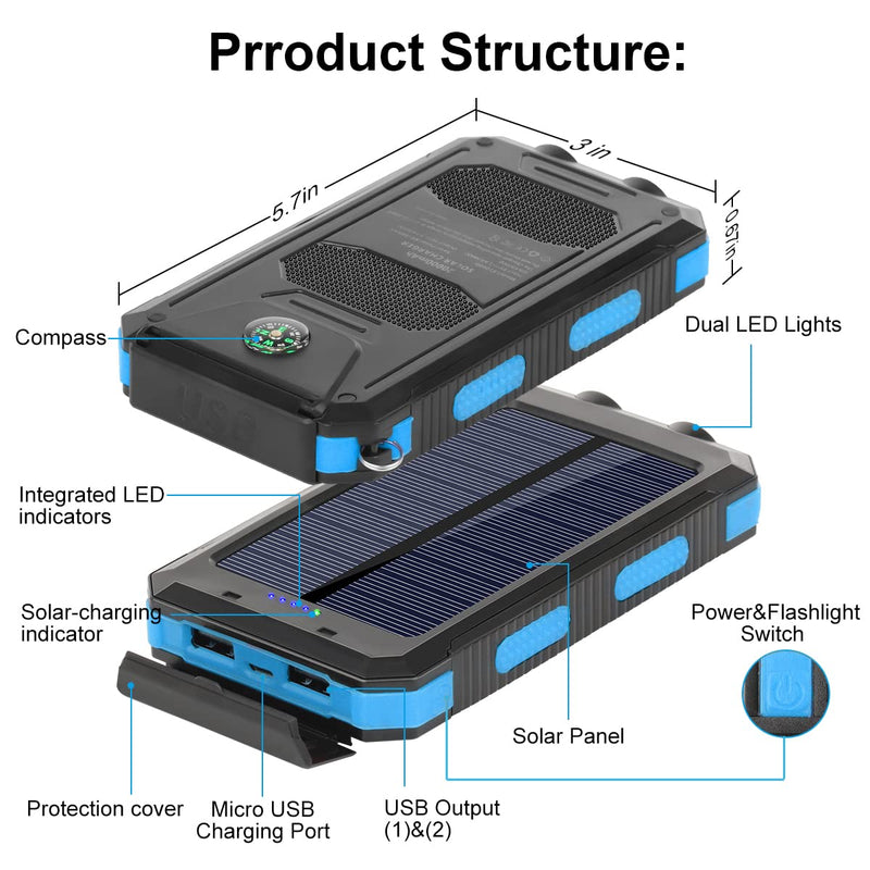 [Australia - AusPower] - Solar Charger 20000mAh Portable Solar Power Bank Waterproof External Battery USB Charger Built in LED Light with Dual 2 USB Port/LED Flashlights for All Smartphone, Android Cellphones 