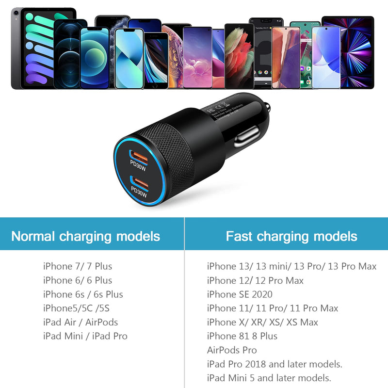 [Australia - AusPower] - Car Charger for iPhone 13 pro max Fast Car Charger Type C, 60W Car Charger Quick Charge 30, Fast Charging Car Cigarette Lighter for iPhone 12 11ProMax, Galaxy S21/S20 A21 A50 iPad, Android, Kindle 2pack-BlacK 