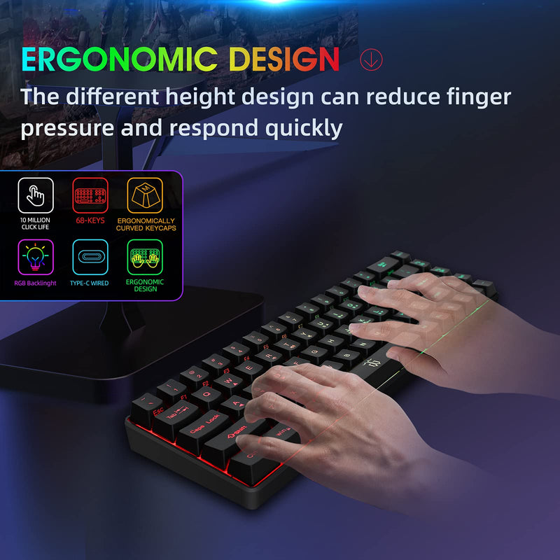 [Australia - AusPower] - Snpurdiri Wired 65% Gaming Keyboard, 68 Keys Mini Keyboard RGB Backlit,More Pratical Arrow Keys and Edit Keys Than 60 Keyboard, for PC/Mac Gamer, Typist, Travel(Black) Black(detachable cable) 