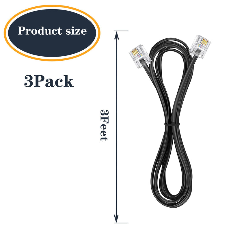 [Australia - AusPower] - Ubramac 3Pack Phone Cord Phone Telephone Extension Cord 3.3ft Cable Line with Standard RJ11 6P4C Plugs for Landline Phone and Fax,(Black, 3.3Feet) 