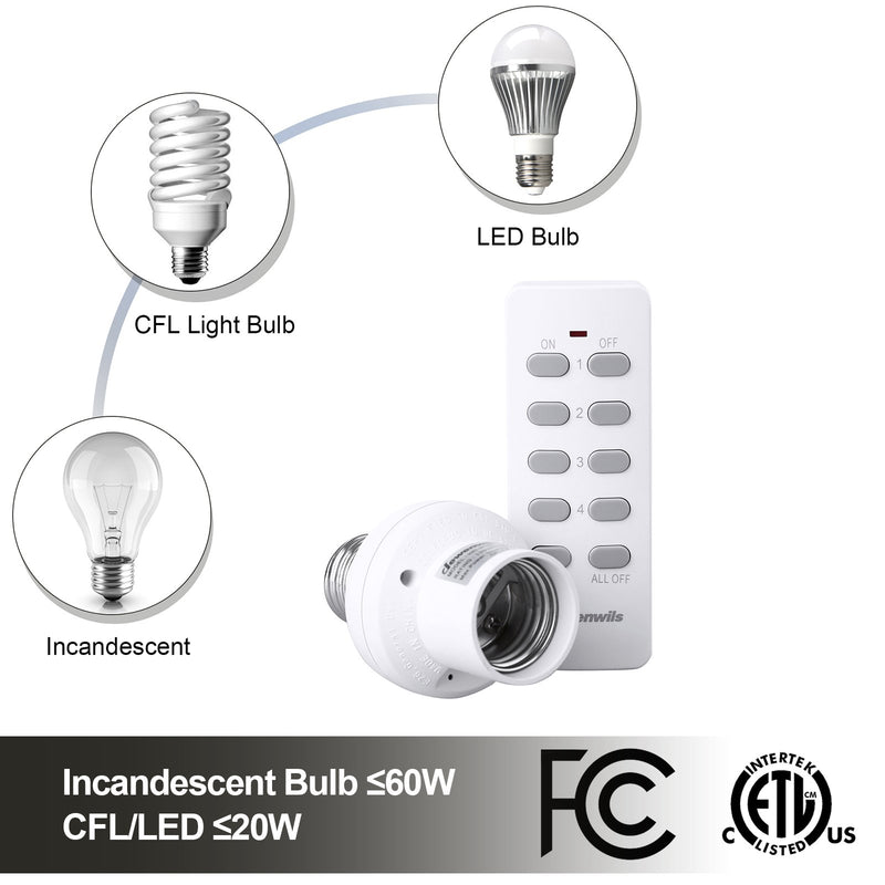 [Australia - AusPower] - DEWENWILS Remote Control Light Lamp Socket E26/E27 Bulb Base, Wireless Light Switch Kit, White (Programmable, 4 Sockets 2 Remotes, HRLSXXA Series) 
