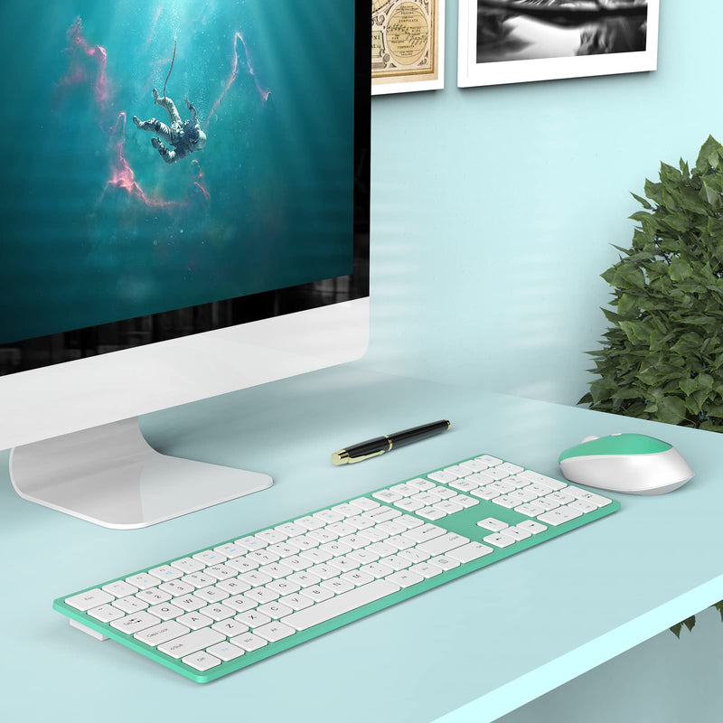 [Australia - AusPower] - Wireless Mouse and Keyboard, Deeliva 2.4G Wireless Mouse and Keyboard Combo Full Size with Shortcut Keys and Number Pad Quiet Silent Slim Cordless Keyboard Mouse for Mac, Laptop, Computer (Mint Green) Mint Green Wireless Mouse and Keyboard 