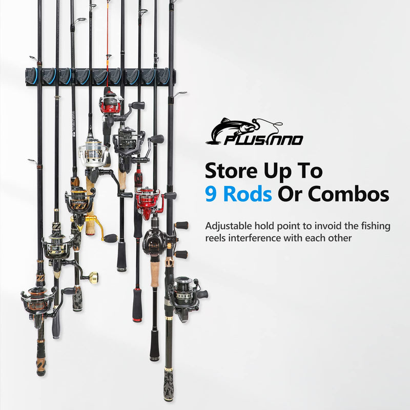 [Australia - AusPower] - PLUSINNO Vertical Fishing Rod Holder, Wall Mounted Fishing Rod Rack, Fishing Pole Holder Holds Up to 9 Rods or Combos, Fishing Rod Holders for Garage, Fits Most Rods of Diameter 3-19mm 