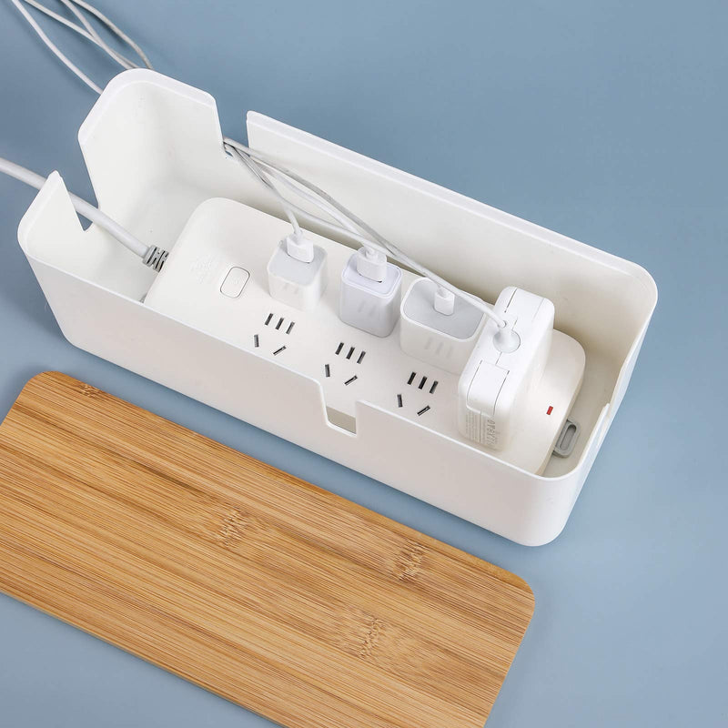 [Australia - AusPower] - Changsuo Cable Management Box with Bamboo Lid Small Cable Organizer Box for Extension Cord Power Stripe Surge Protector Wire Management Concealer Organizer Cover Hider (White) White 