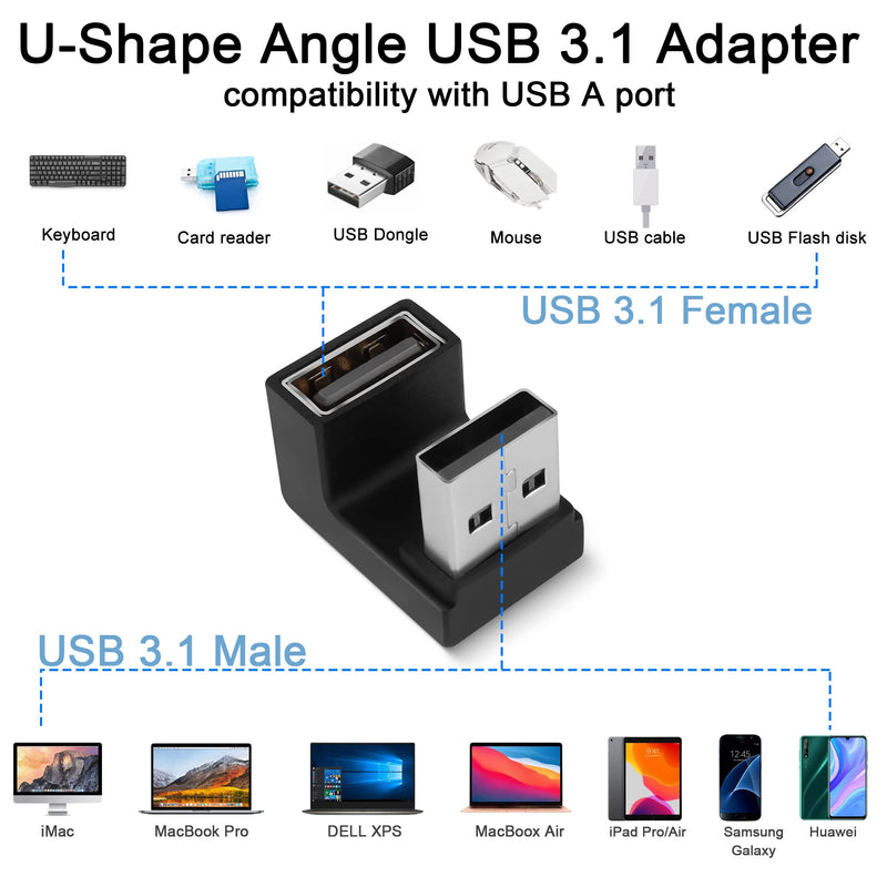 [Australia - AusPower] - QIANRENON U-Shape Angle USB 3.1 Adapter Converter 10Gbps 180 Degree USB A Male to Female Coupler Connector, Support Data Transfer OTG 3A Charging, for PC Laptop Mobile Power, 2Pcs (Female Up) Female Up 