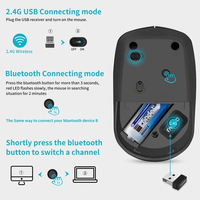 [Australia - AusPower] - RAPOO Bluetooth 2.4G Wireless Mouse, 2 Bluetooth Channels with 1 USB Receiver Noiseless Mouse, Connect up to 3 Devices, Portable Computer Mice for PC, Tablet, Laptop-Black BLACK 