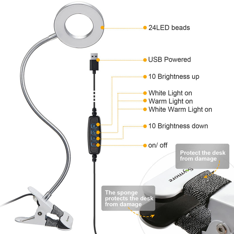 [Australia - AusPower] - LED Book Light, Portable Clip Lamp, USB Rechargeable, 2 Brightness(Warm/White) with Eye Protection, Perfect for Night Reading, Tattoo, Nail Art & Eyebrow Make Up Tattoo Lamp Silver 