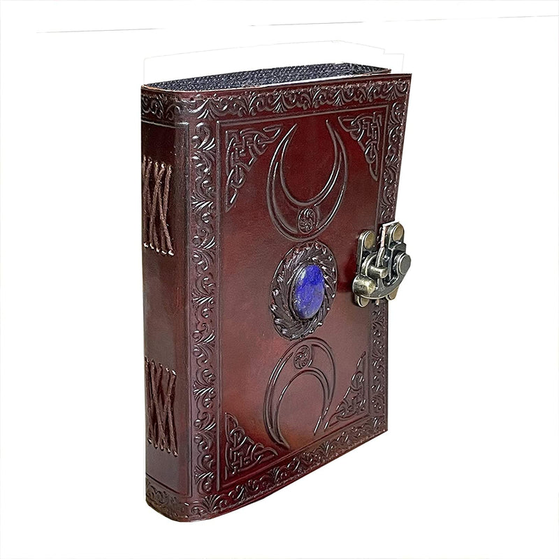 [Australia - AusPower] - Leather Journal Handmade Third Eye Stone Celtic Triple Moon New Embossed Vintage Daily Notepad Unlined Paper 7 x 5 Inches, Sketchbook & Writing Notebook Brown 