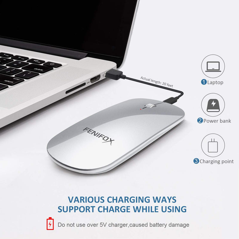 [Australia - AusPower] - Bluetooth Mouse, FENIFOX Slim Mini Portable Flat Travel Wireless Mouse Rechargeable Quiet Ultra-Thin Mice Compatible with Laptop,Tablet,Notebook,PC (Silver and White) Silver 