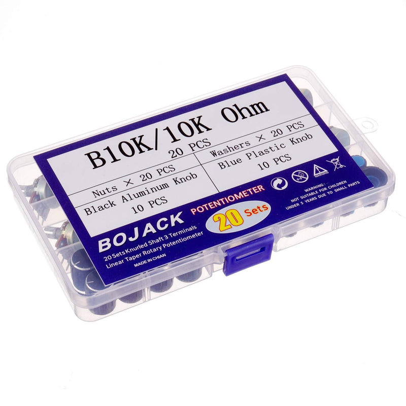 [Australia - AusPower] - BOJACK 20 Sets B10K Knurled Shaft 3 Terminals Linear Taper Rotary Potentiometer(WH148)10K Ohm Single Turn Carbon Film Variable Resistor with Black Aluminum & Blue Plastic Knobs Kit 