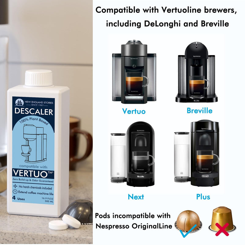 [Australia - AusPower] - New England Stories Nespresso Compatible Descaling Kit, 12 Months Cleaning Set for Vertuoline Brewer, Includes 1 Bottle(4 Uses) of Descaling Solution, 12 Cleaning Tablets and 1 Reusable Pod 