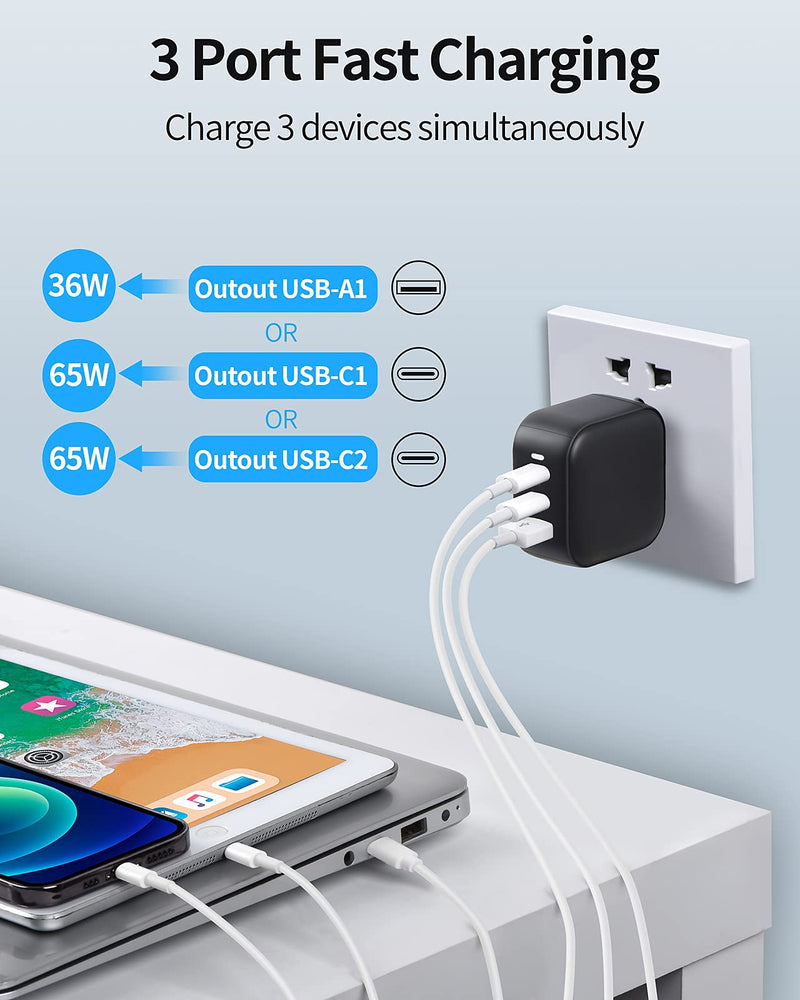 [Australia - AusPower] - USB C Charger, Hadisala 66W 3-Port GaN Fast USB C Wall Charger, Foldable USB C PD3.0 Power Adapter, Portable Travel Charger Block for iPhone 13 Pro Max Mini/MacBook Pro/iPad, Galaxy, Pixel and More 