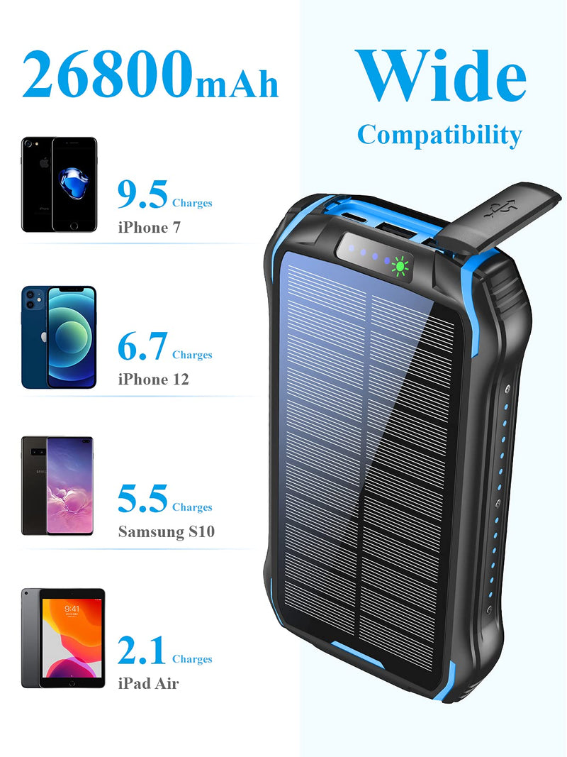 [Australia - AusPower] - Solar Power Bank, Portable Charger 26800mAh with 5V 3.1A Output 2 Inputs, Outdoor Battery Pack with Flashlight IP66 Waterproof Battery Bank for iPhone Android Cell Phones black+blue 