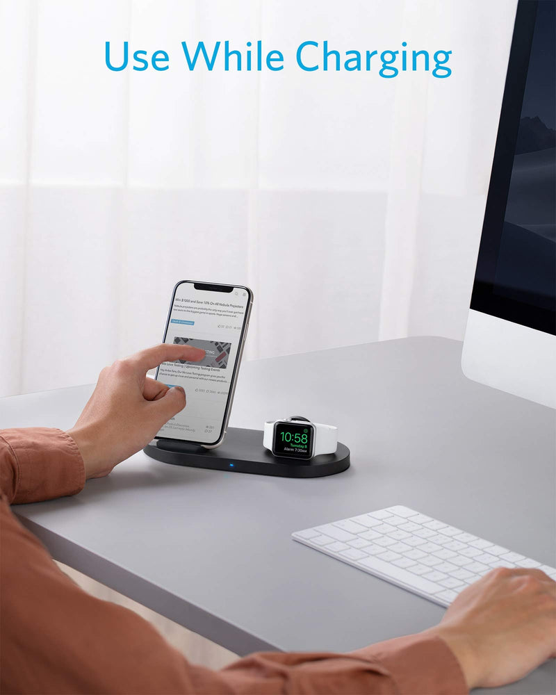 [Australia - AusPower] - Anker Wireless Charging Station, PowerWave Sense 2-in-1 Stand with Watch Charging Holder for Apple Watch SE/6/5/4/3/2/1, iPhone SE 2020, 11, 11 Pro (Watch Charging Cable & AC Adapter Not Included) Black 