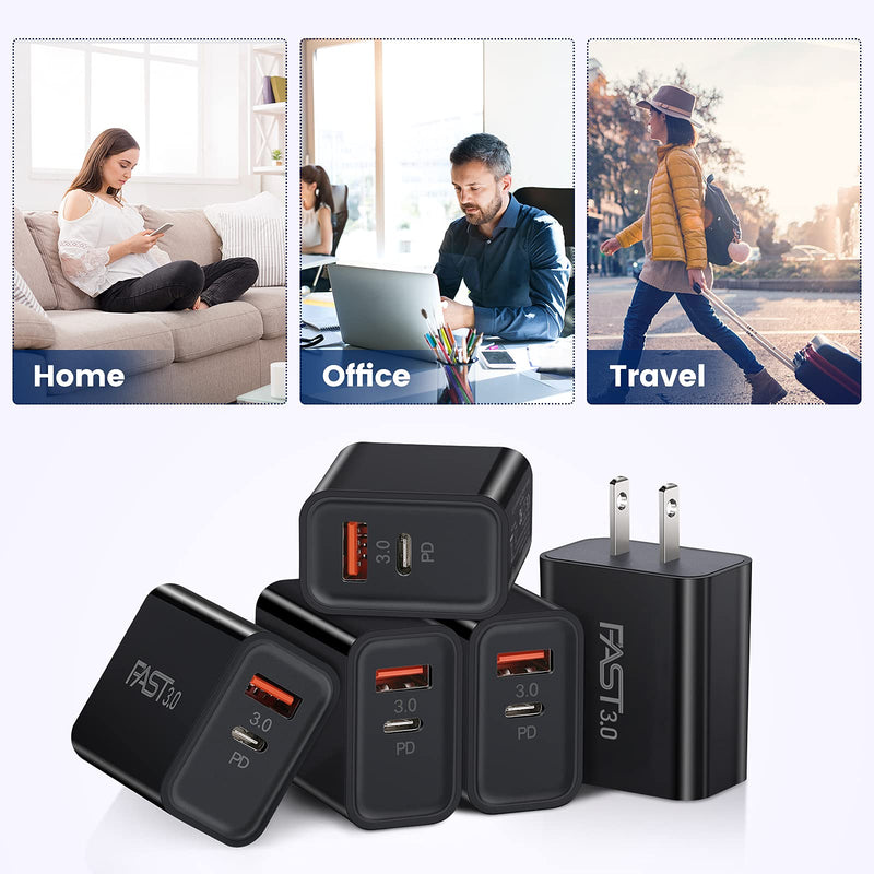 [Australia - AusPower] - USB C Power Adapter, Boxeroo 5-Pack 20W Dual-Port Wall Charger Plug, PD Fast Charger, Type USB C Charger with Quick Charger 3.0 Compatible iPhone 12/ Mini/Pro Max/11/11 Pro Max/Galaxy/Pixel and More Black 