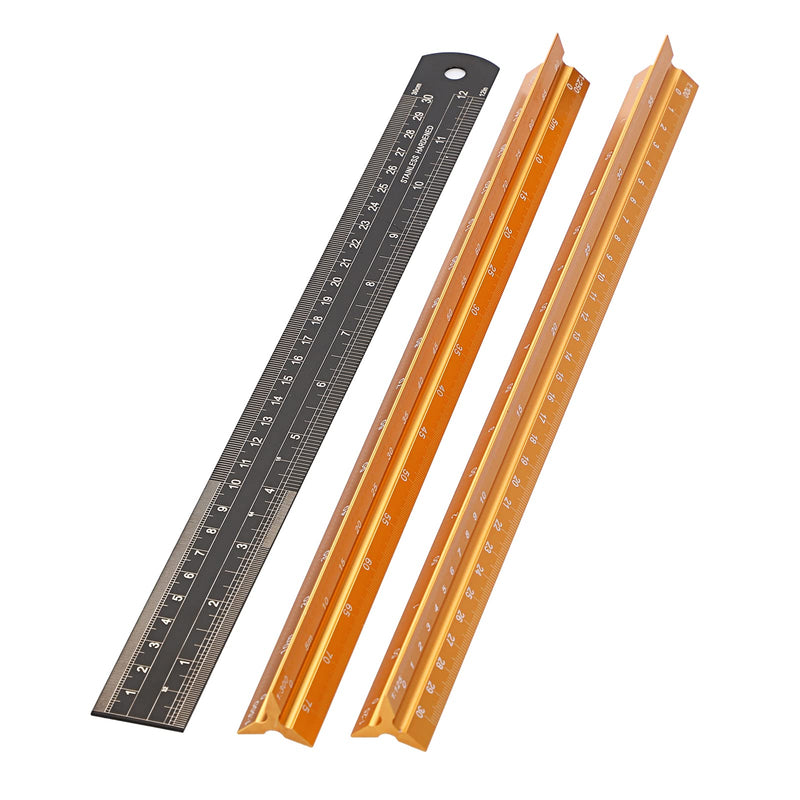[Australia - AusPower] - OwnMy 30CM Solid Aluminum Metric Triangular Architect Scale Ruler Set, Architectural and Engineer Scale Ruler Set Clear Etched Scales Metal Drafting Rulers for Blueprints Civil Engineering, Gold 