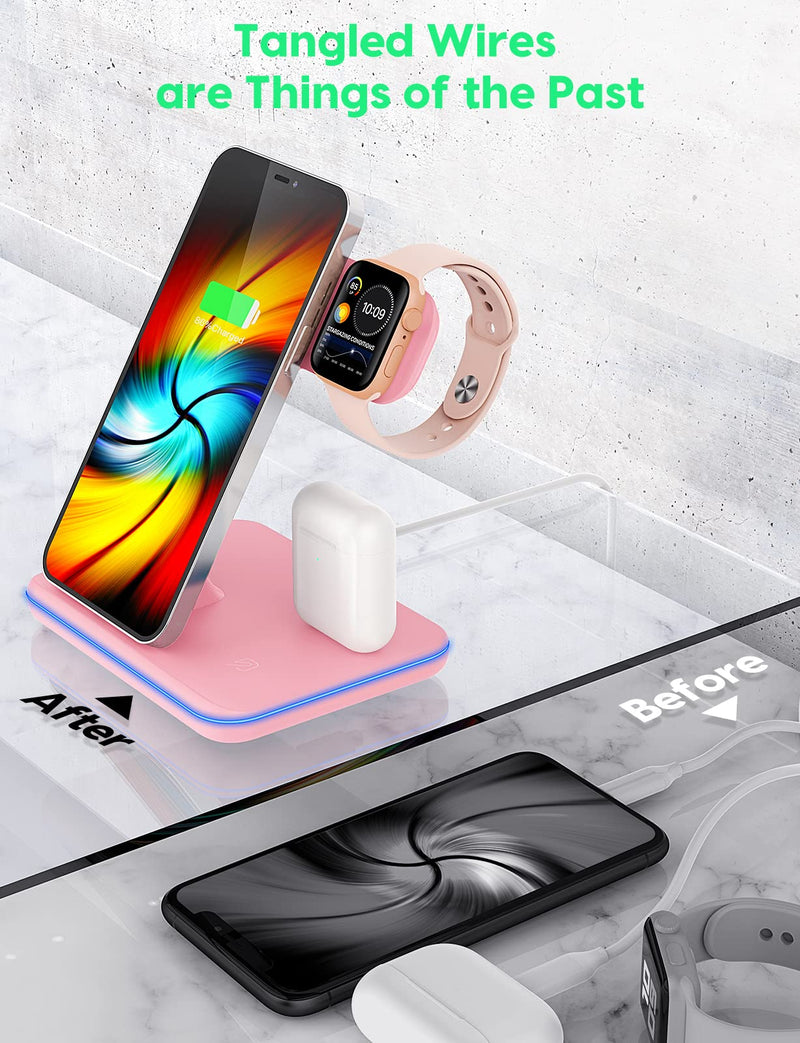[Australia - AusPower] - Wireless Charging Station, 2021 Upgraded 3 in 1 Wireless Charger Stand with Breathing Indicator Compatible with iPhone 13/12/11 Pro/XS, AirPods 3/2/1/pro, iWatch Series 7/6/5/4/3, and Samsung Phones Pink 