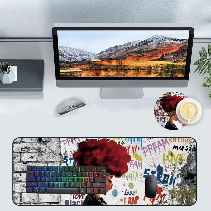 [Australia - AusPower] - Extended Gaming Mouse Pad and Coaster,Large Non-Slip Rubber Base Mousepad with Stitched Edges,Waterproof Mouse Mat Desk Pad for Work,Office,Home -African Black Woman Graffiti Girls with Red Hair Ya-mousepad-5-1 