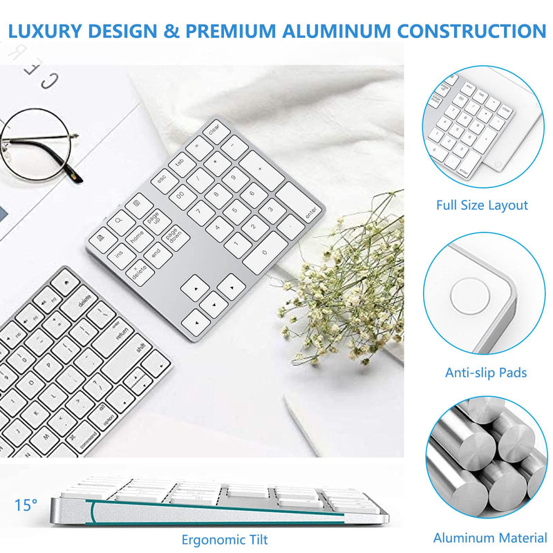 [Australia - AusPower] - Bluetooth Number Pad, Lekvey Aluminum Rechargeable Wireless Numeric Keypad Slim 34-Keys External Numpad Keyboard Data Entry for Laptop, MacBook, MacBook Air/Pro, iMac, Windows, Surface Pro - Silver White and Silver 