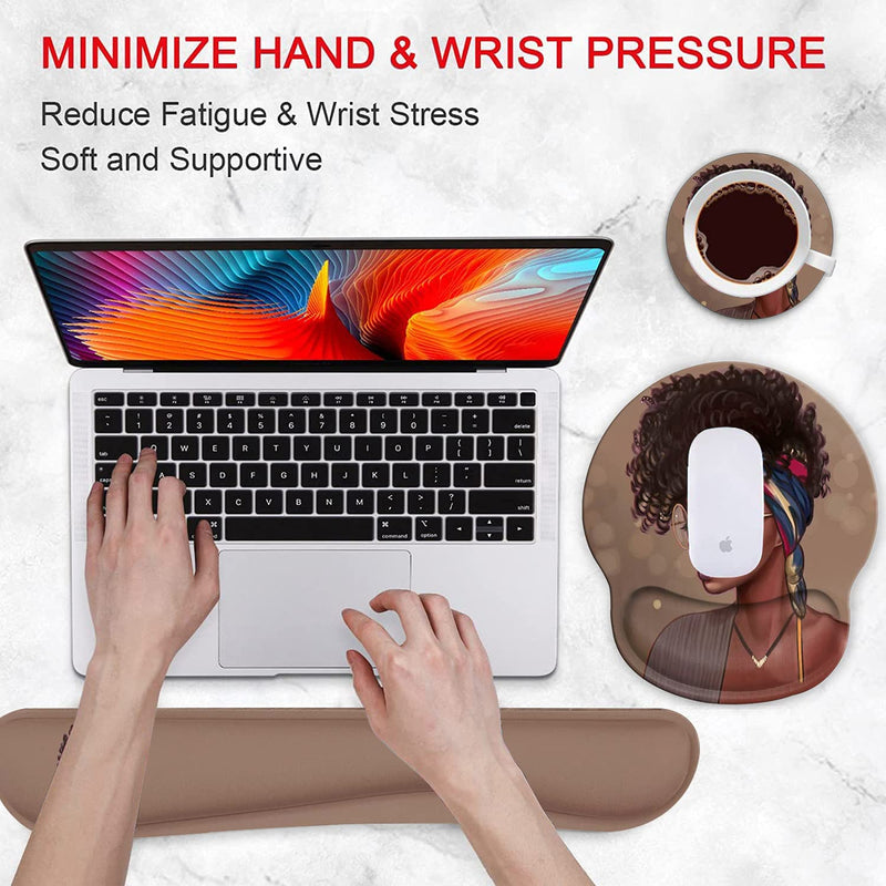 [Australia - AusPower] - Ergonomic Mouse Pad Wrist Support Gel and Keyboard Wrist Rest Set for Laptop, Mac, Gaming and Office, Durable, Comfortable and Pain Relief + Coaster , African American Women Girl 