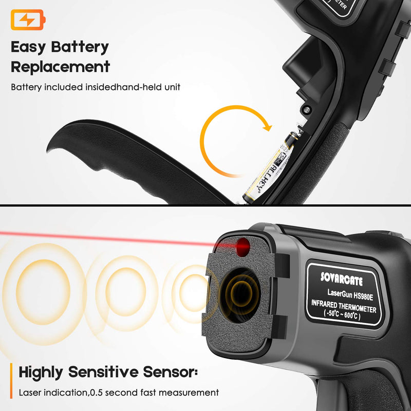 [Australia - AusPower] - Infrared Thermometer SOVARCATE Digital IR Laser Thermometer Temperature Gun High and Low Temperature Alarm -58°F~1112°F Temperature Probe Cooking/Air/Refrigerator 