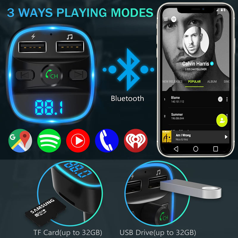 [Australia - AusPower] - LENCENT FM Transmitter, Upgraded (2021 Version) 2022 Bluetooth FM Transmitter Wireless Radio Adapter Car Kit with Dual USB Charging Car Charger MP3 Player Support TF Card & USB Disk 
