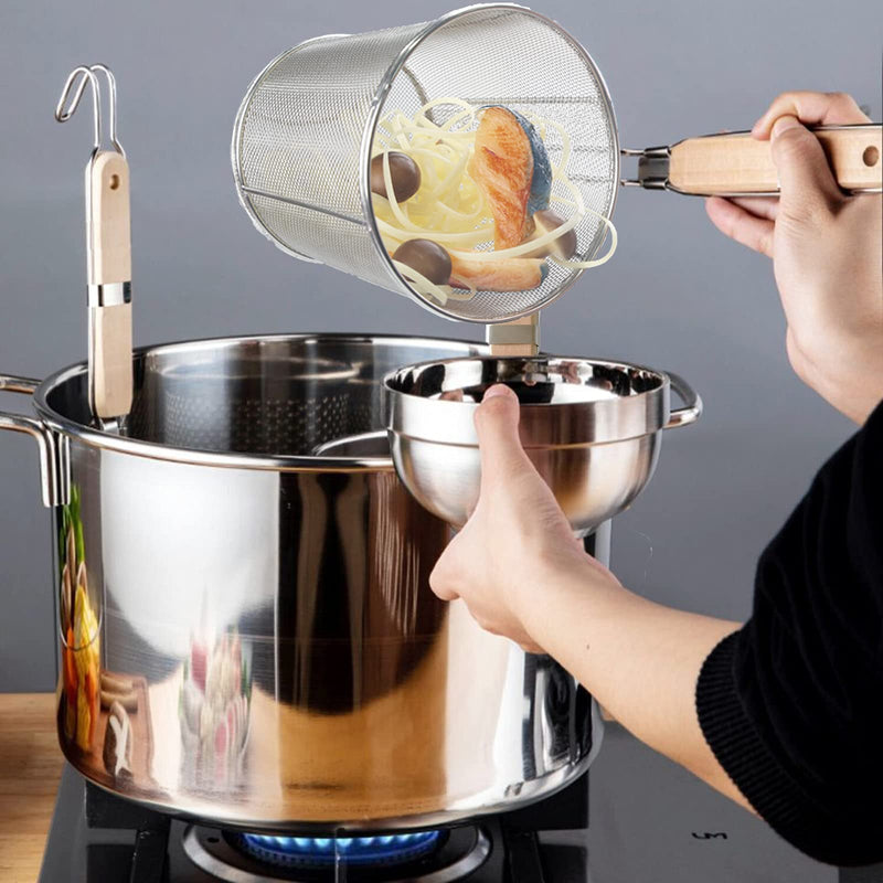 [Australia - AusPower] - Tenta Kitchen Miracle Noodle Angel Hair Pasta Noodle Blanching Basket, Barilla Thin Spaghetti Pasta Deep Strainer Skimmer with Wooden Handle (5.51Inch/14cm) 