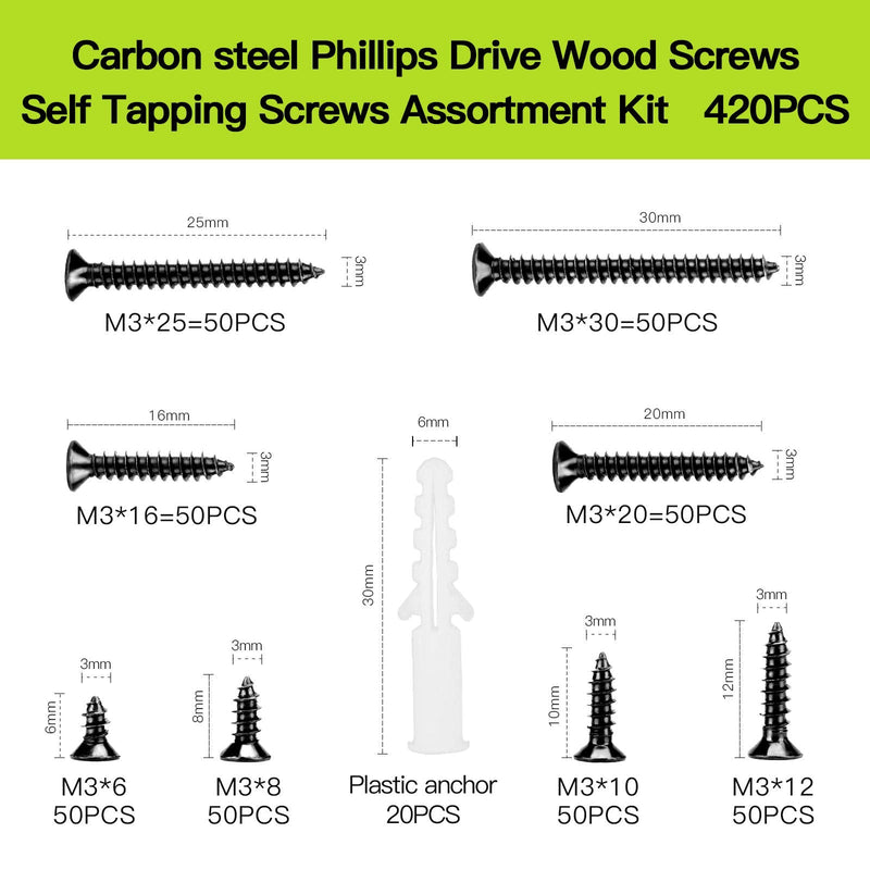 [Australia - AusPower] - M3 Flat Head Wood Screws Assortment Fasteners Kit 420pcs,Phillips Drive Countersunk Head Self-Tapping Screws,Carbon Steel,Contains 20pcs M6 Screw Anchors Black 