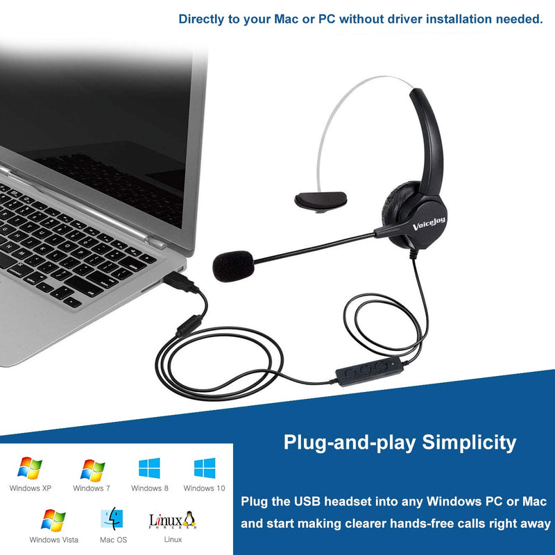 [Australia - AusPower] - VoiceJoy USB Plug Corded Headphone Call Center Comfort Noise Cancelling Headset with Adjustable Mic, Mute Volume Control for Calls on Laptops PCs Computers 