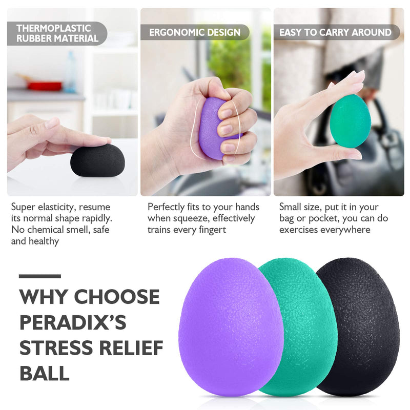[Australia - AusPower] - Peradix Hand Grip Strength Trainer, Stress Relief Ball for Adults and Kids, Wrist Rehab Therapy Hand Grip Equipment Ball Squishy - Set of 3 Finger Resistance Exercise Squeezer Purple Green Black 